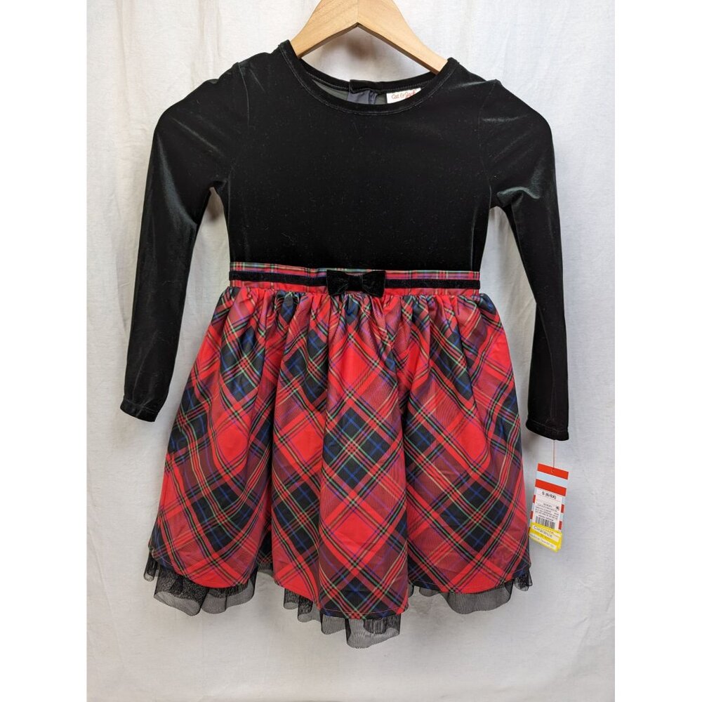 Cat & Jack Girl's Kid's Red Plaid Velvet Tulle Bow Holiday ChristmDress Sz S 6/6